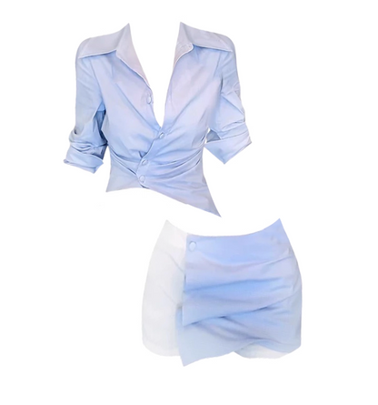 Splendid Two-Piece Light Blue Collared Shirt Sheath Mini Skirt Charming V-Neck Draped Waist Long Sleeves Short Dress AP4790