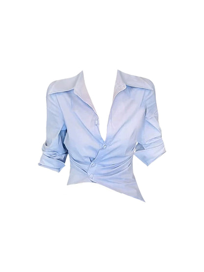 Splendid Two-Piece Light Blue Collared Shirt Sheath Mini Skirt Charming V-Neck Draped Waist Long Sleeves Short Dress AP4790