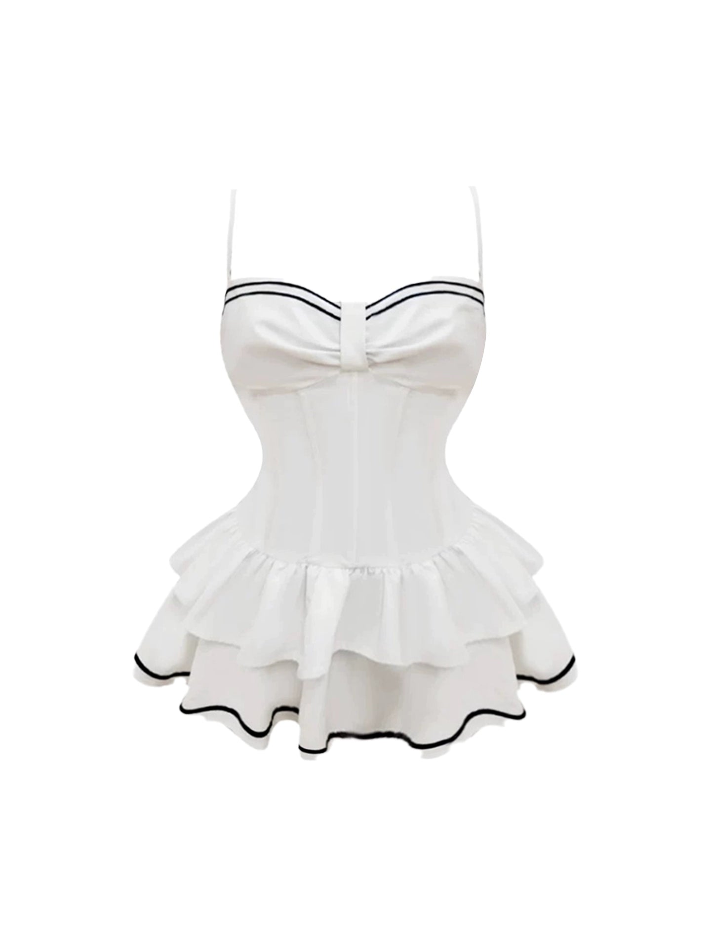 Enticing Spaghetti Strap White Sailor-Style Corset Tiered Mini Skirt Chic Black Trim Bow Detail A-Line Short Dress AP4791