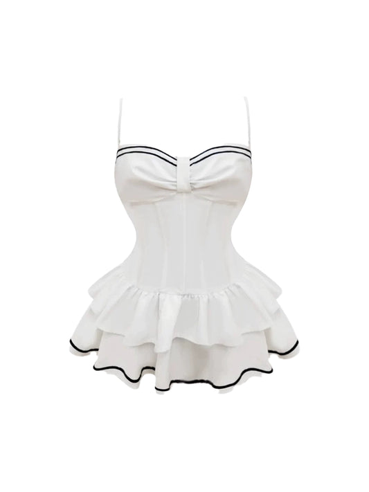 Enticing Spaghetti Strap White Sailor-Style Corset Tiered Mini Skirt Chic Black Trim Bow Detail A-Line Short Dress AP4791