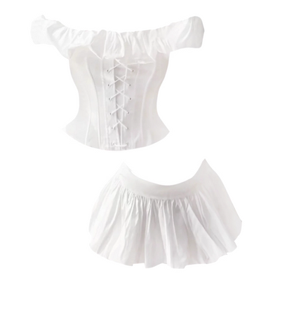 Avant-Garde White Off-Shoulder Ruffled Corset Top Pleated Mini Skirt Graceful Lace-Up A-Line Two-Piece Set Short Dress AP4792