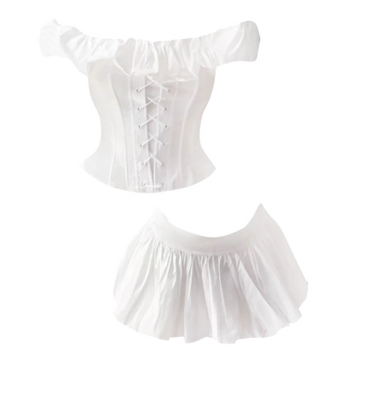 Avant-Garde White Off-Shoulder Ruffled Corset Top Pleated Mini Skirt Graceful Lace-Up A-Line Two-Piece Set Short Dress AP4792