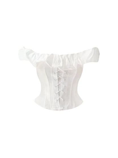 Avant-Garde White Off-Shoulder Ruffled Corset Top Pleated Mini Skirt Graceful Lace-Up A-Line Two-Piece Set Short Dress AP4792