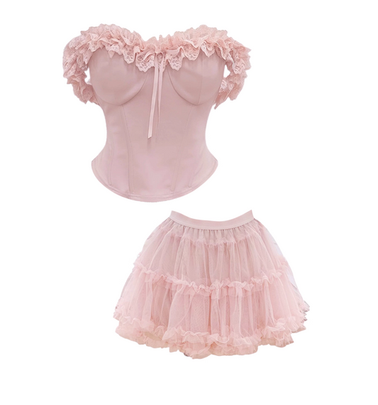 Eye-Catching Lace Ruffle Corset Off-Shoulder Tulle Tiered Mini Skirt Charming Pastel Pink Two-Piece A-Line Short Dress AP4793