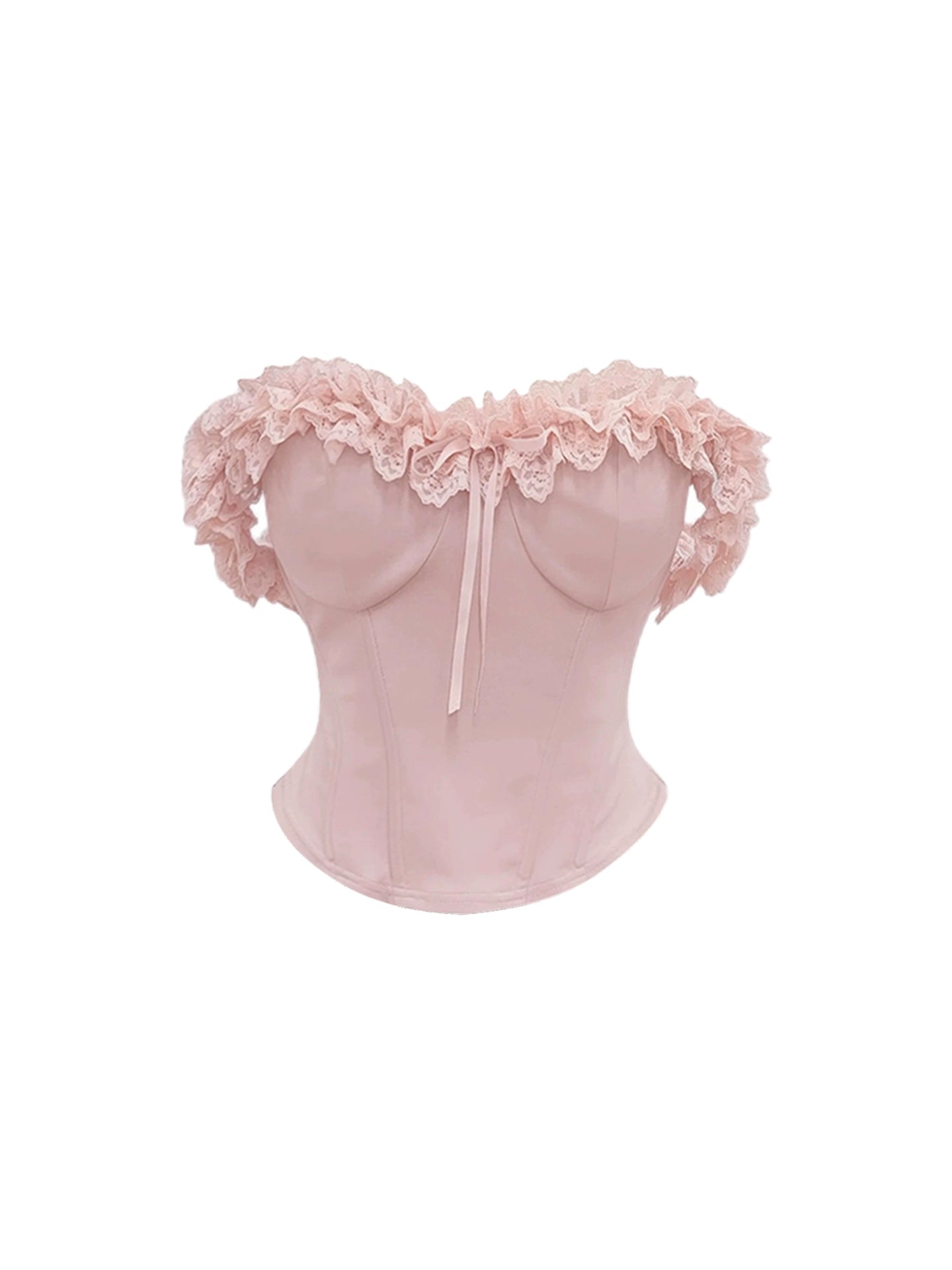 Eye-Catching Lace Ruffle Corset Off-Shoulder Tulle Tiered Mini Skirt Charming Pastel Pink Two-Piece A-Line Short Dress AP4793