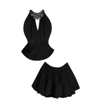 Fresh Black Halter Neck Two-Piece Deep V Cutout Mini Skirt Crystal Neckline Peplum Top A-Line Ruffled Short Dress AP4794