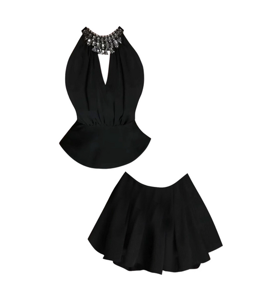 Fresh Black Halter Neck Two-Piece Deep V Cutout Mini Skirt Crystal Neckline Peplum Top A-Line Ruffled Short Dress AP4794