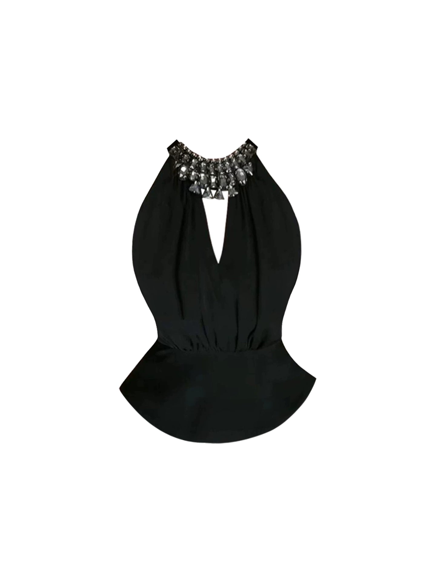 Fresh Black Halter Neck Two-Piece Deep V Cutout Mini Skirt Crystal Neckline Peplum Top A-Line Ruffled Short Dress AP4794