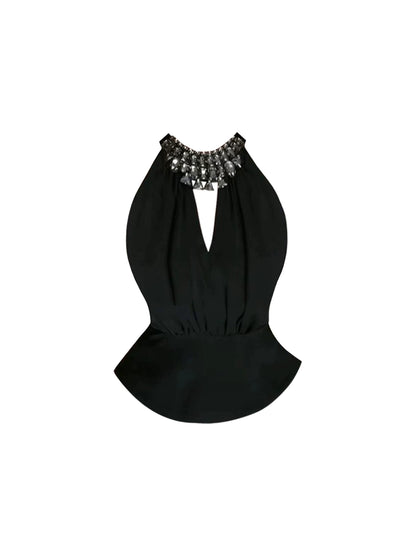 Fresh Black Halter Neck Two-Piece Deep V Cutout Mini Skirt Crystal Neckline Peplum Top A-Line Ruffled Short Dress AP4794