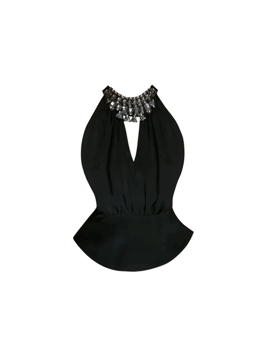 Fresh Black Halter Neck Two-Piece Deep V Cutout Mini Skirt Crystal Neckline Peplum Top A-Line Ruffled Short Dress AP4794