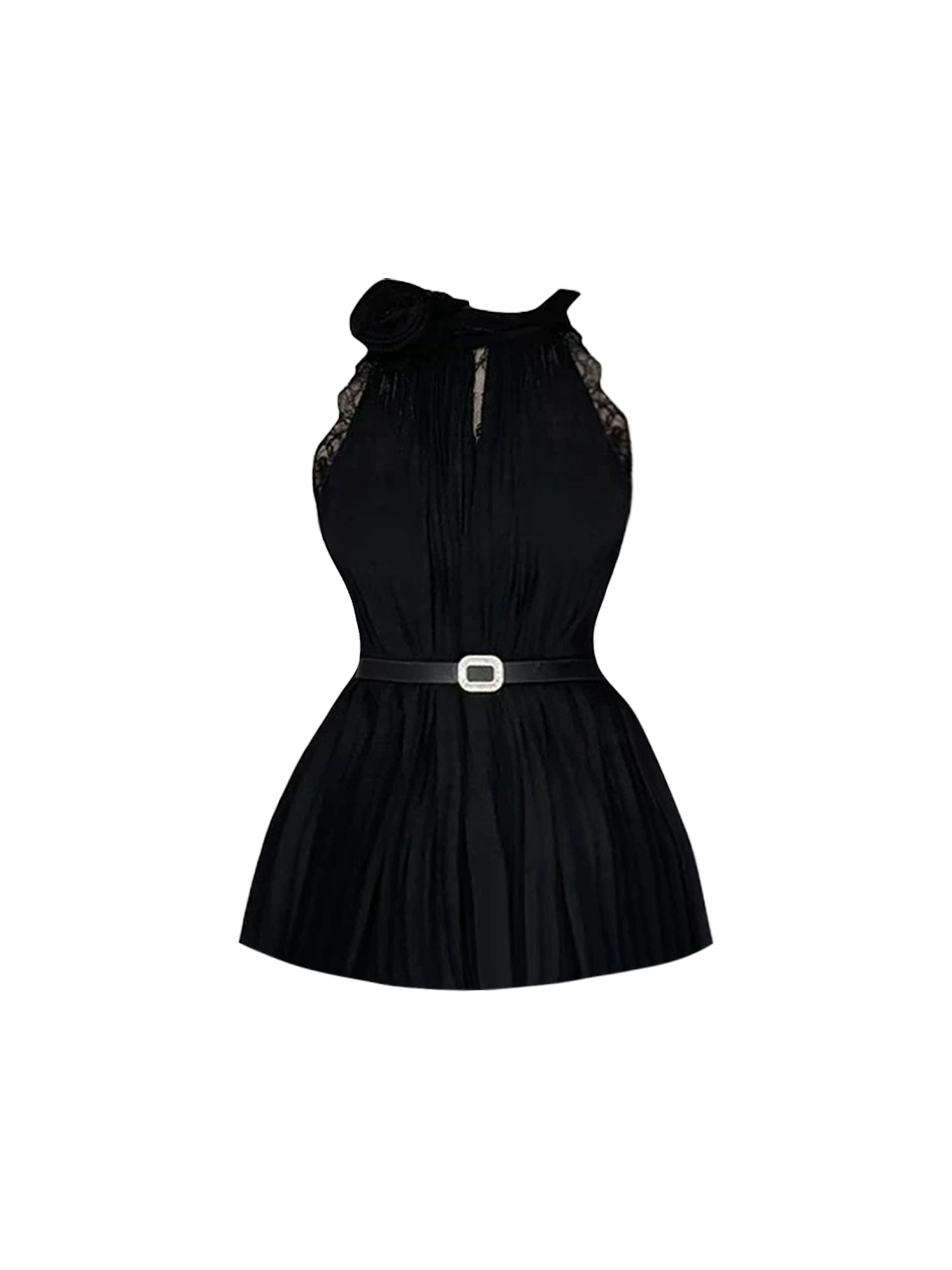 Sleek Halter Neck Two-Piece Black Pleated Mini Skirt Alluring Lace Trim Belted Waist A-Line Short Dress AP4795