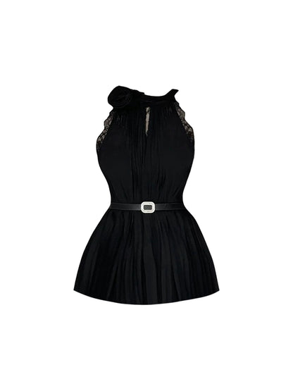 Sleek Halter Neck Two-Piece Black Pleated Mini Skirt Alluring Lace Trim Belted Waist A-Line Short Dress AP4795