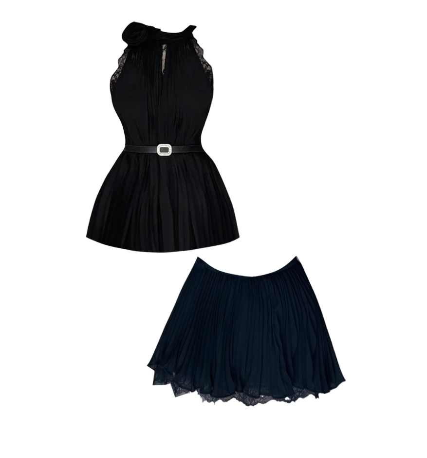 Sleek Halter Neck Two-Piece Black Pleated Mini Skirt Alluring Lace Trim Belted Waist A-Line Short Dress AP4795