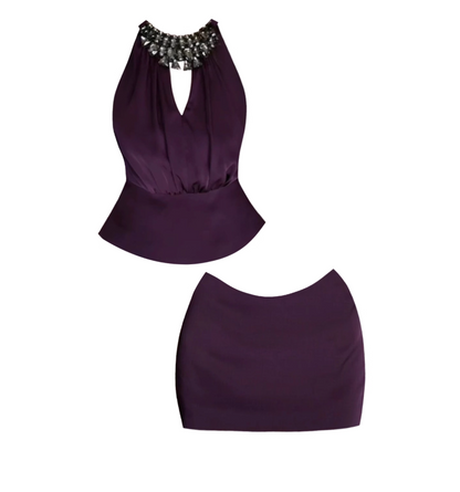 Romantic 2-Piece Set Deep Purple Peplum Top Bodycon Mini Skirt Sexy Crystal Neckline Cutout Halter Short Dress AP4796