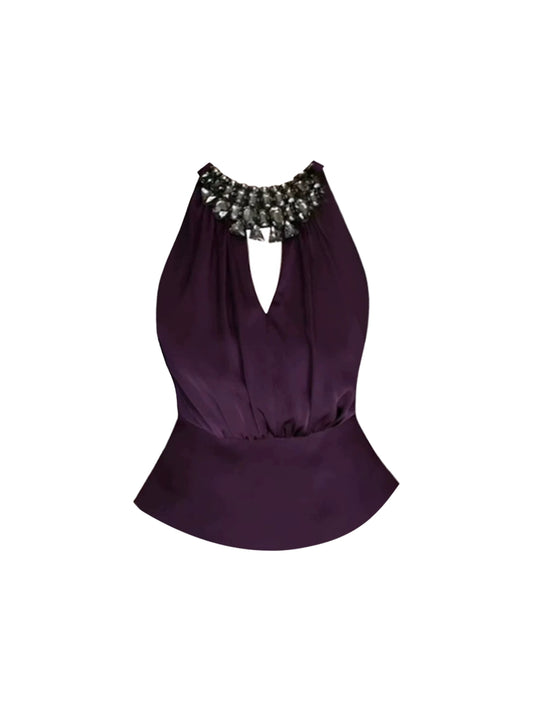 Romantic 2-Piece Set Deep Purple Peplum Top Bodycon Mini Skirt Sexy Crystal Neckline Cutout Halter Short Dress AP4796
