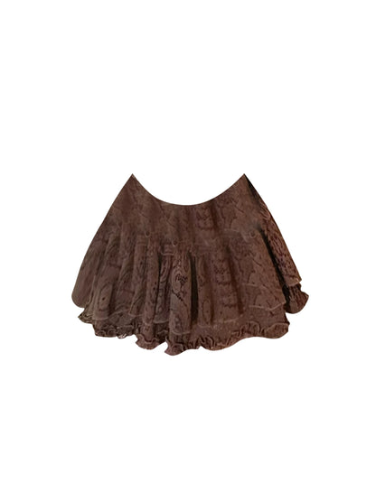 Ornate Lapel Neck Sequins Buttons Accent Two-Piece Mini Skirt Elegant Cream Collared Corset Brown Lace A-Line Short Dress AP4797