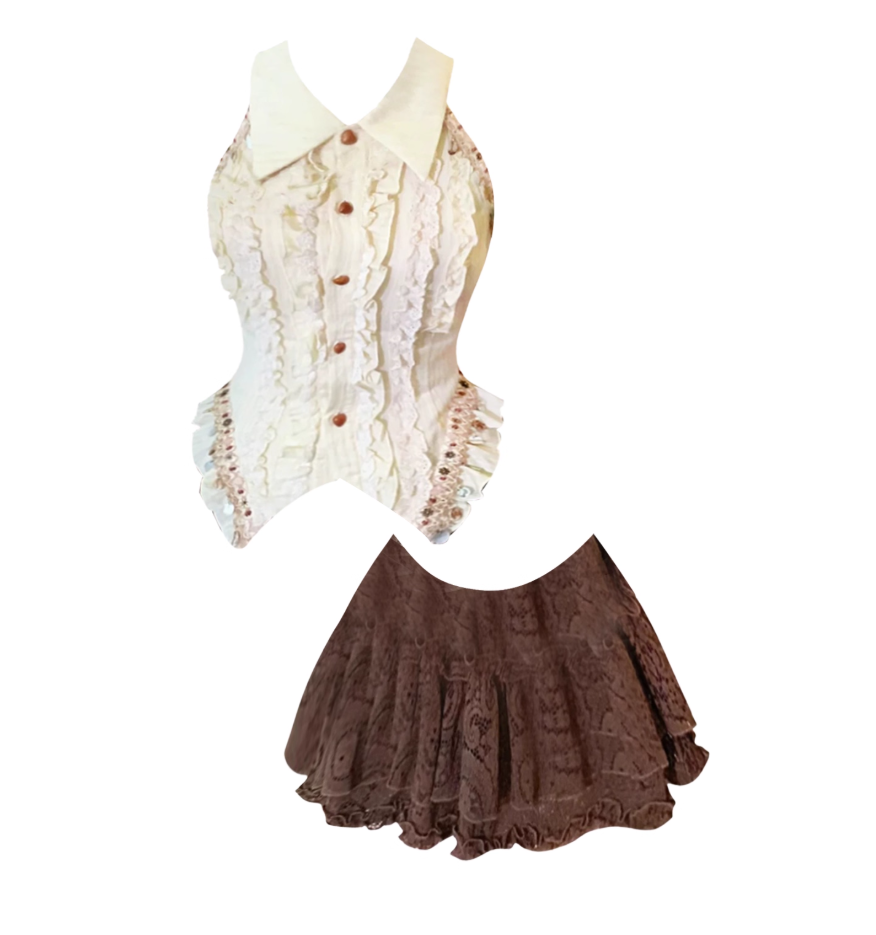 Ornate Lapel Neck Sequins Buttons Accent Two-Piece Mini Skirt Elegant Cream Collared Corset Brown Lace A-Line Short Dress AP4797
