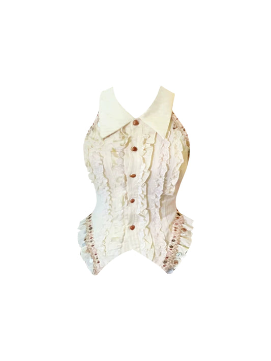 Ornate Lapel Neck Sequins Buttons Accent Two-Piece Mini Skirt Elegant Cream Collared Corset Brown Lace A-Line Short Dress AP4797