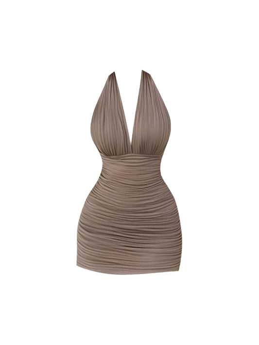 Luxurious Taupe Ruched Halter Neck Mini Skirt Retro Deep V Bodycon Night Out Short Dress AP4800