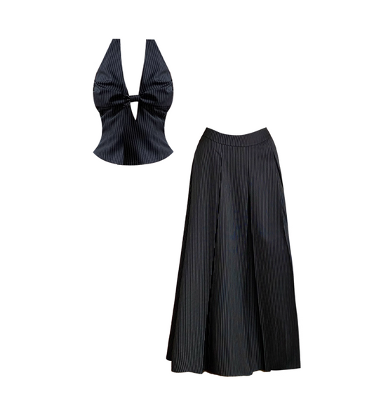 Graceful Cutout Halter Neck Black & White Striped Maxi Dress Trendy 2-Piece Set Knot Top Flowy A-Line Long Dress AP4802