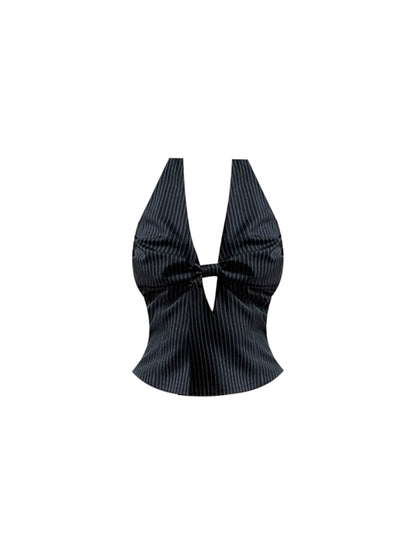 Graceful Cutout Halter Neck Black & White Striped Maxi Dress Trendy 2-Piece Set Knot Top Flowy A-Line Long Dress AP4802