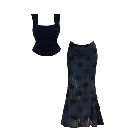 Elegant Spaghetti Strap Ruched Top Textured Maxi Dress Chic Black 2-Piece Outfit Mermaid Long Dress AP4803