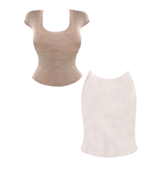 Classical Square Neck Top Fitted Sheath Mini Skirt Stylish Neutral 2-Piece Set Ribbed Short Sleeves Short Dress AP4804