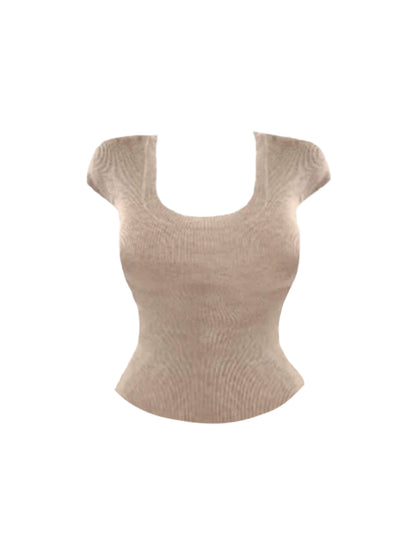 Classical Square Neck Top Fitted Sheath Mini Skirt Stylish Neutral 2-Piece Set Ribbed Short Sleeves Short Dress AP4804