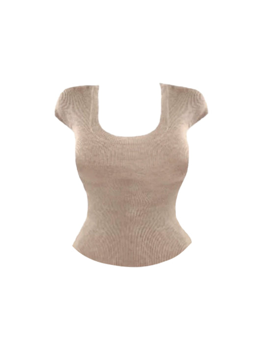 Classical Square Neck Top Fitted Sheath Mini Skirt Stylish Neutral 2-Piece Set Ribbed Short Sleeves Short Dress AP4804