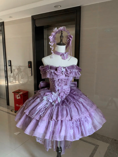 Cute Off-Shoulder A-Line Tiered Birthday Dresses Appliques Bows Lace Homecoming Dress AP4807