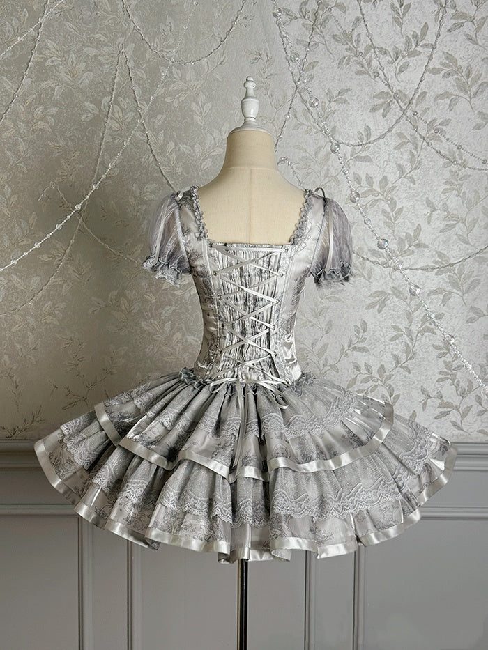 Dreamy A-Line Square Neck Lace Tiered Birthday Dress Jacquard Bow Short Sleeve Homecoming Dress AP4810