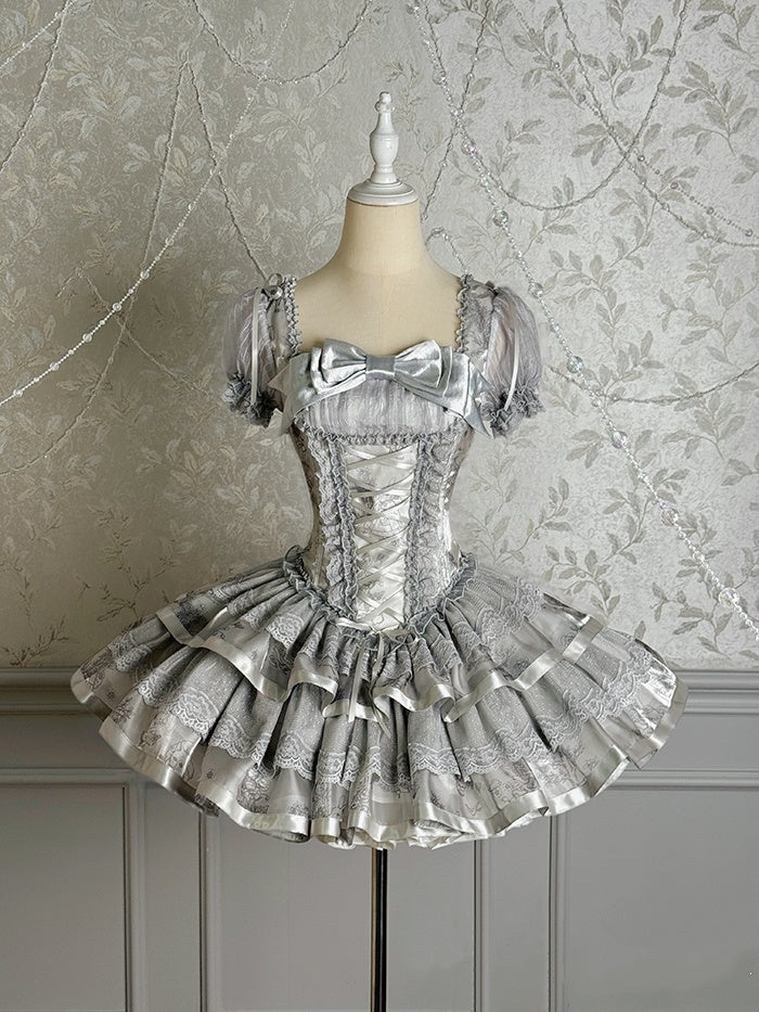 Dreamy A-Line Square Neck Lace Tiered Birthday Dress Jacquard Bow Short Sleeve Homecoming Dress AP4810