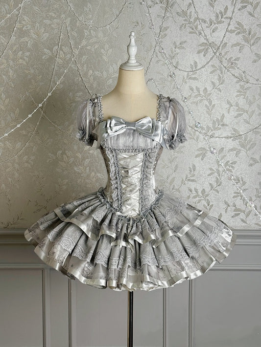 Dreamy A-Line Square Neck Lace Tiered Birthday Dress Jacquard Bow Short Sleeve Homecoming Dress AP4810