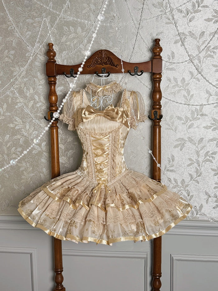 Ethereal Square Neck A-Line Lace Tiered Birthday Dress Short Sleeve Bow Jacquard Lace-Up Homecoming Dress AP4811