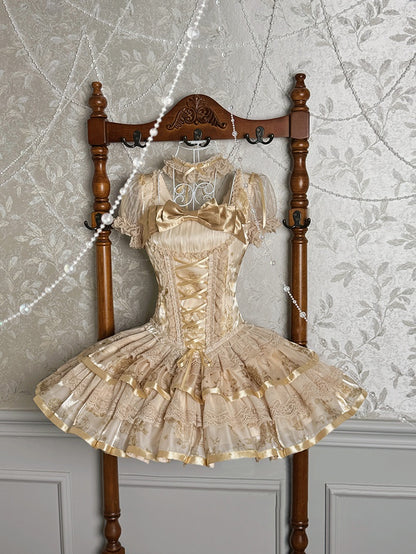Ethereal Square Neck A-Line Lace Tiered Birthday Dress Short Sleeve Bow Jacquard Lace-Up Homecoming Dress AP4811