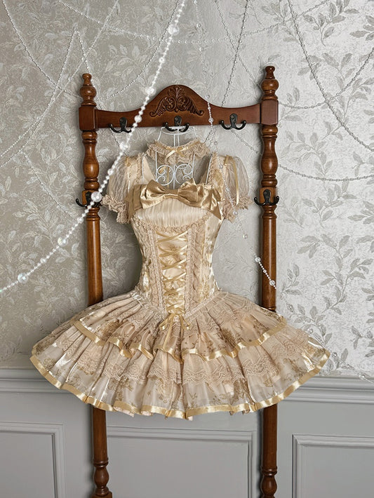 Ethereal Square Neck A-Line Lace Tiered Birthday Dress Short Sleeve Bow Jacquard Lace-Up Homecoming Dress AP4811