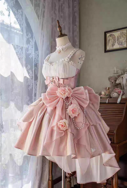 Sheen Spaghetti Strap Handmade Flowers A-Line Birthday Gowns Bows Beading Lace Crystals Homecoming Dress AP4812