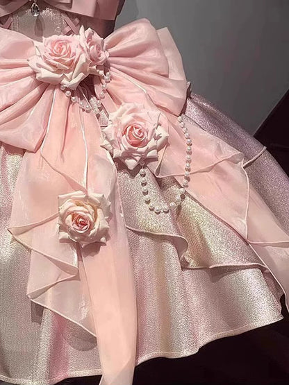 Sheen Spaghetti Strap Handmade Flowers A-Line Birthday Gowns Bows Beading Lace Crystals Homecoming Dress AP4812
