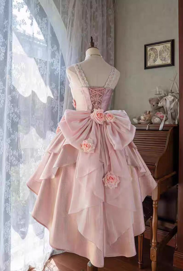 Sheen Spaghetti Strap Handmade Flowers A-Line Birthday Gowns Bows Beading Lace Crystals Homecoming Dress AP4812