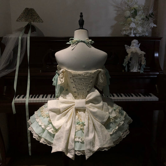 Glamorous Off-Shoulder A-Line Jacquard Birthday Dresses Bows Lace Tiered Homecoming Dress AP4816