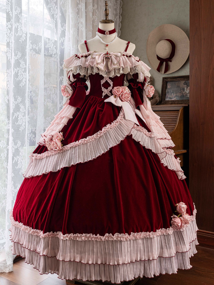 Novelty Off-Shoulder A-Line Red Velvet Evening Gowns Lace Bow Handmade Flowers Prom Dress AP4819