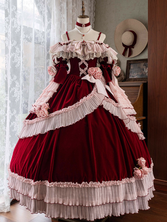 Novelty Off-Shoulder A-Line Red Velvet Evening Gowns Lace Bow Handmade Flowers Prom Dress AP4819