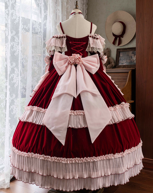 Novelty Off-Shoulder A-Line Red Velvet Evening Gowns Lace Bow Handmade Flowers Prom Dress AP4819