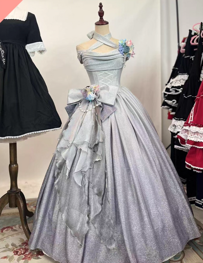 Vibrant Halter Neck A-Line Beading Sweet 16 Gowns Bows Handmade Flowers Prom Dress AP4821