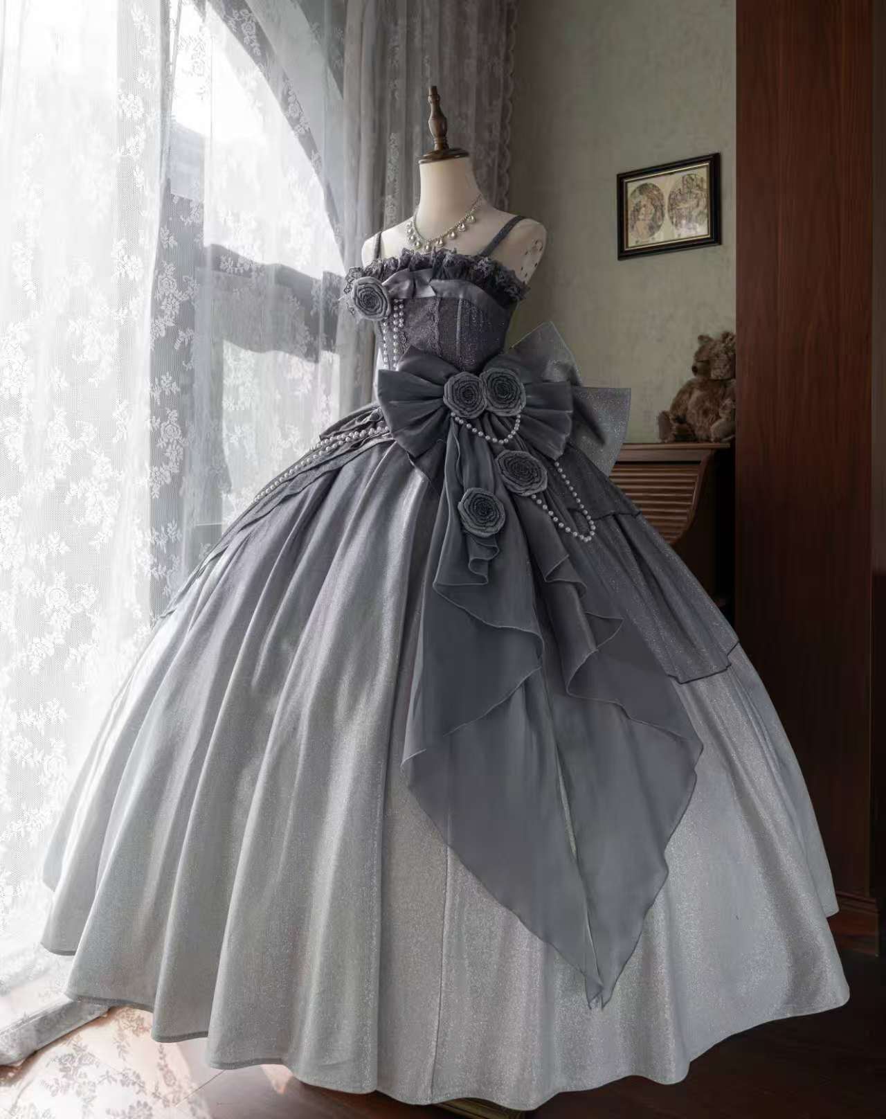 Fashionable Lace A-Line Spaghetti Strap Sweet 16th Evening Dresses Handmade Flowers Beading Bow Prom Dress AP4822