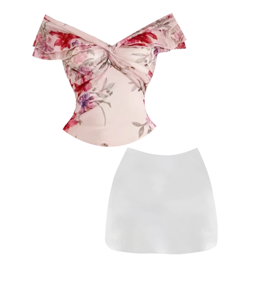 Dopamine Style Twist-Front Top White Sheath Mini Skirt Vibrant Floral 2-Piece Set Ruffled Trim Off-Shoulder Short Dress AP4827