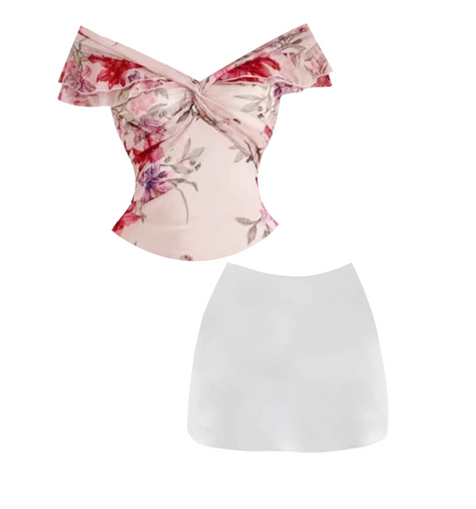 Dopamine Style Twist-Front Top White Sheath Mini Skirt Vibrant Floral 2-Piece Set Ruffled Trim Off-Shoulder Short Dress AP4827