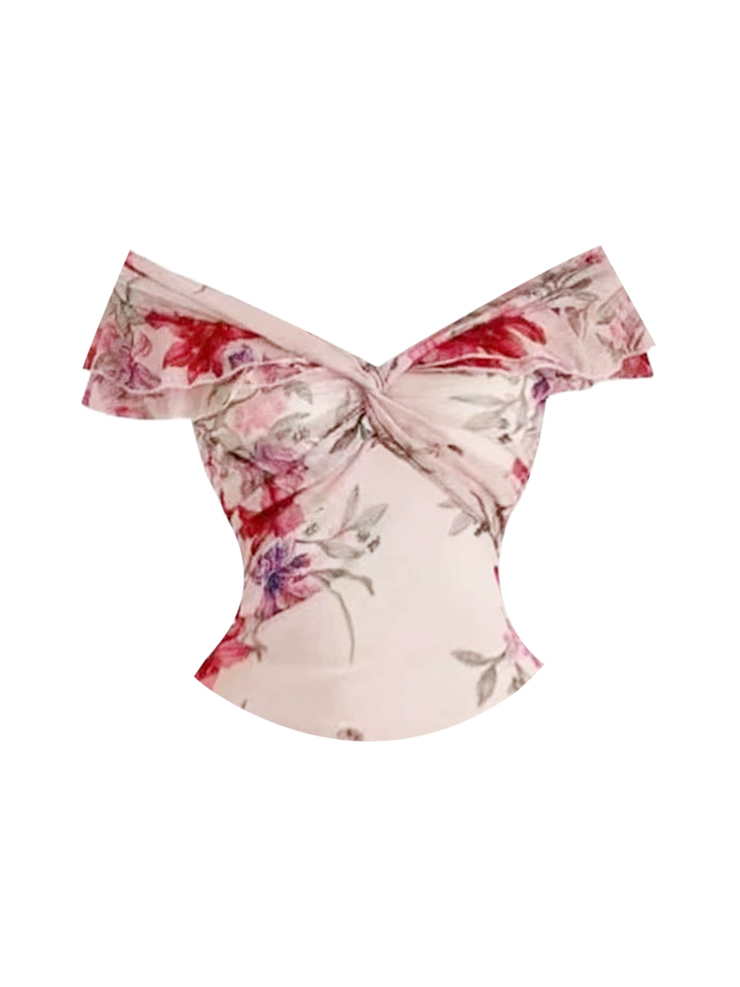 Dopamine Style Twist-Front Top White Sheath Mini Skirt Vibrant Floral 2-Piece Set Ruffled Trim Off-Shoulder Short Dress AP4827