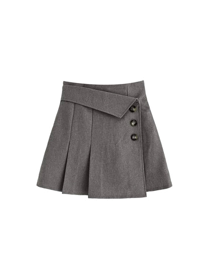 Adorable Off-Shoulder Light Blue-Grey 2-Piece Set Mini Skirt Ruffled Knit Bodice Pleated Buttoned A-Line Short Dress AP4828