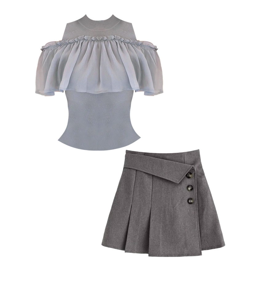 Adorable Off-Shoulder Light Blue-Grey 2-Piece Set Mini Skirt Ruffled Knit Bodice Pleated Buttoned A-Line Short Dress AP4828
